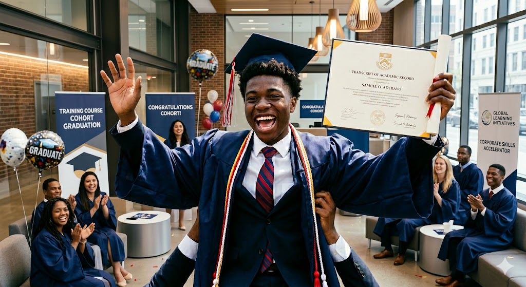 Graduates from Joseph Business School celebrating with certificates