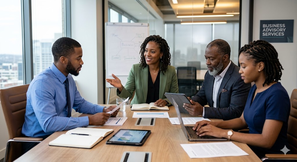 Confident African entrepreneur in a modern professional setting