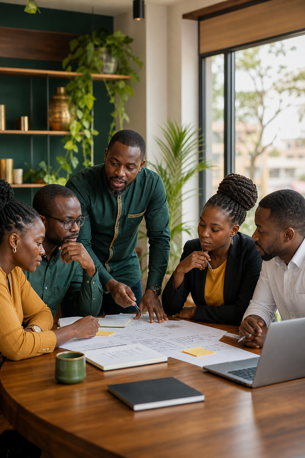 Ugandan entrepreneurs reviewing a business model with a mentor