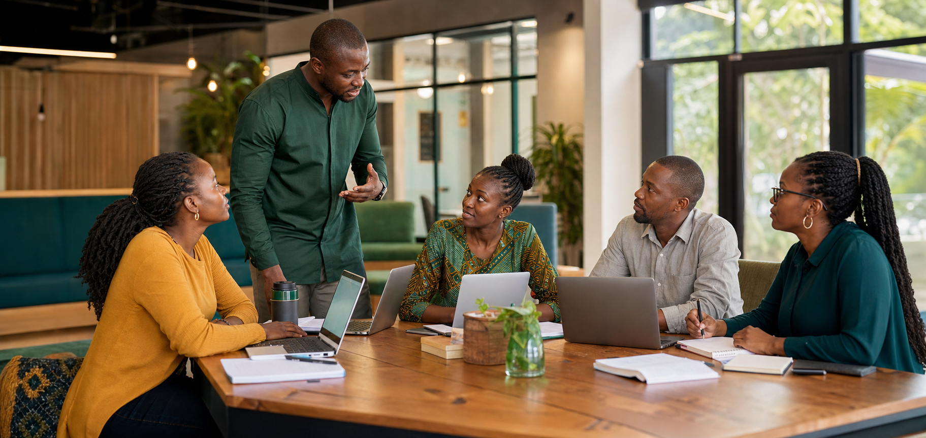 Faculty facilitator guiding entrepreneurs in a modern Kampala learning space